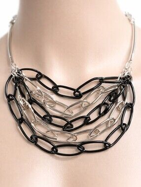 Black & Silver Multi-Row Chain Statement Necklace – Women’s Fashion Jewelry